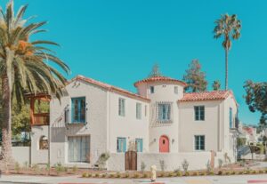 A Spanish Colonial style home with clay tile roofing.