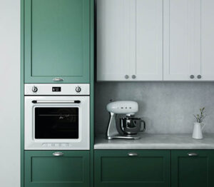 Kitchen cabinets painted white and hunter green.