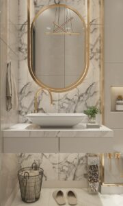 A luxurious bathroom vanity with marble backsplash and gold accents.